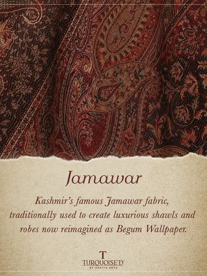 The Begum Wallpaper captures the essence of Jamawar, Kashmir's famous fabric. Traditionally used for luxurious shawls and robes, its opulent patterns are now redesigned for creating regal and timeless walls.