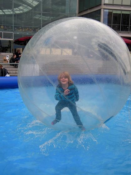 Our Zorb Balls can be used on water inside a large inflatable pool. Guests can climb inside the transparent ball and attempt to walk or run on the water's surface.