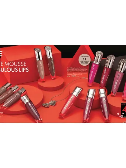A bold and graphic product shot for 'The ONE' Matte Mousse lip colors. The use of strong red geometric shapes and clean lighting makes the product stand out for e-commerce and promotional materials.