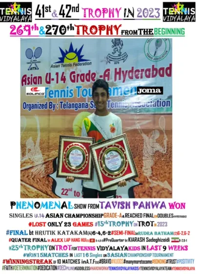Phenomenal performance from Tavish Pahwa, winning the Singles title at the U-14 Asian Championship Grade-A tournament in Hyderabad. He lost only 23 games throughout the entire tournament.