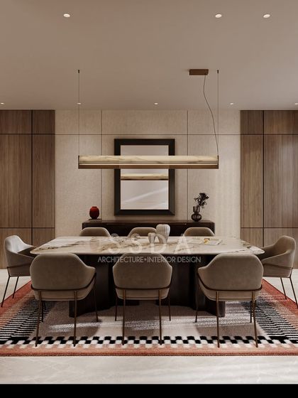 Simplicity and elegance define this dining room concept for a Delhi villa. The space features clean lines, a neutral color palette, and a striking patterned rug that anchors the room without overwhelming it.