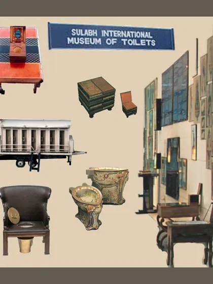 A collage of exhibits from the Sulabh International Museum of Toilets. This unique museum uses historical artifacts and displays to trace the evolution of sanitation, demonstrating how museums can be powerful tools for social change and public education on unconventional topics.