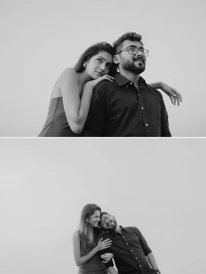 A set of two black and white portraits that capture different facets of the couple's connection. The top image is calm and loving, while the bottom one is full of laughter and joy.