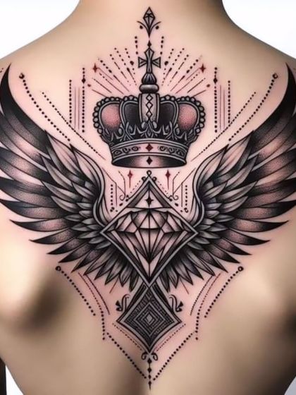 A design concept for a large back piece, featuring wings, a crown, and a diamond. This is a royal and powerful design that would make a stunning statement.