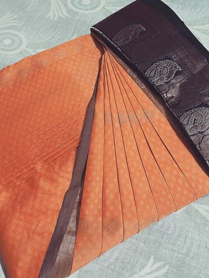 An elegant peach-colored saree with a dark border, pleated for a client. The simplicity of the saree is enhanced by the perfect folds.