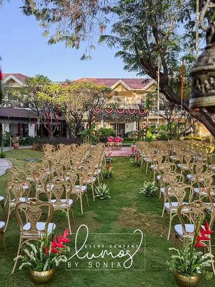 A beautiful perspective of a traditional wedding aisle, with ornate chairs and a parrot motif, leading towards the sacred mandap.