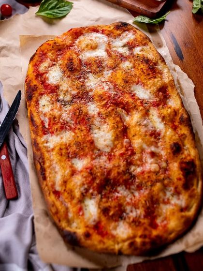 Our rectangular Pala-style pizza is a great option for catering and parties.