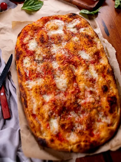 Our rectangular Pala-style pizza is a great option for catering and parties.