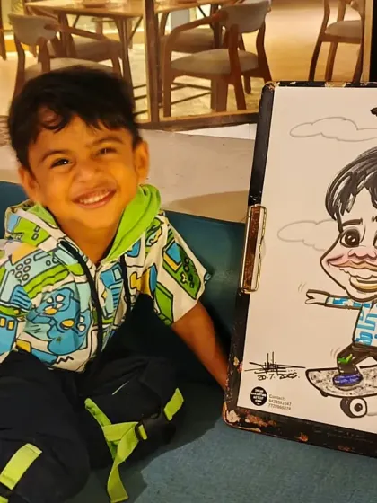 This young boy's caricature features him on a skateboard, reflecting his interests. I love personalizing each drawing to make it unique.