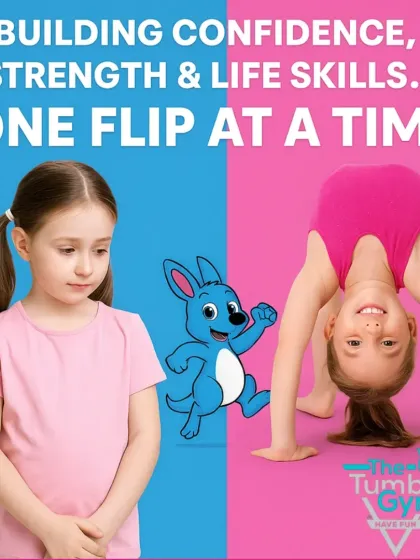 Our mission is to build confidence, strength, and life skills, one flip at a time. This image captures the transformation we see in children as they move from uncertainty to accomplishment in our supportive environment.
