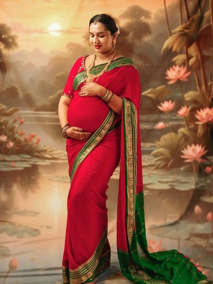 A serene portrait of a mom-to-be in a red and green saree, standing against a beautiful painted sunset. The soft light and colors create a peaceful mood.