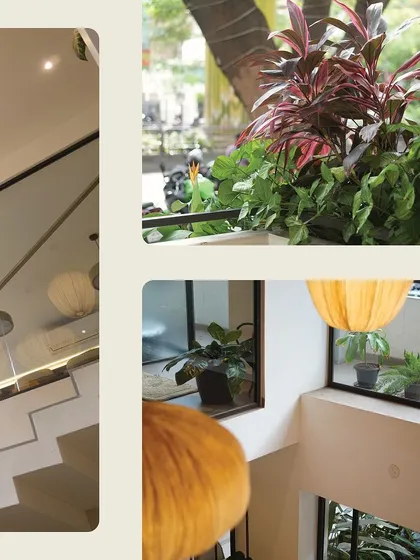 A collage of our interior details, from the open staircase and greenery to our signature pendant lights.