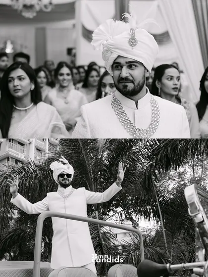 A black and white collage of the groom, capturing his emotional arrival and his energetic baraat entrance. It shows the different facets of the groom's journey on his wedding day.