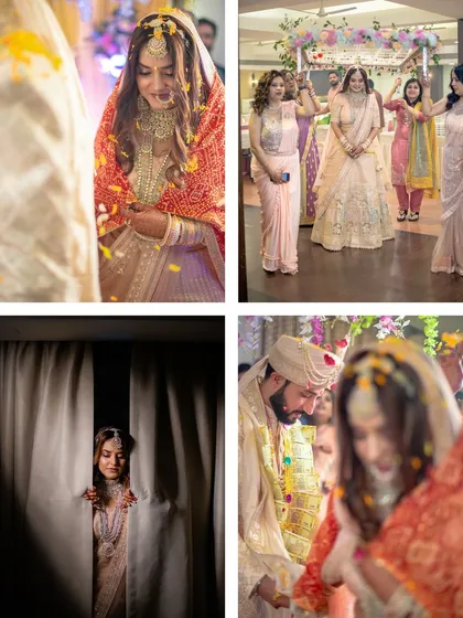 Candid moments from a wedding day, including the bride's emotional entrance and a peek from behind a curtain.