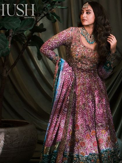 Sonakshi Sinha in a beautiful purple and blue outfit on our set, showcasing the beautiful synergy between fashion and decor.