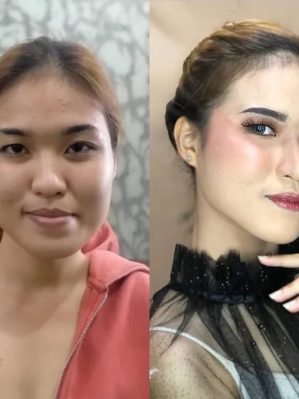 A side-by-side before and after. This transformation showcases a complete glam-up, with sculpted brows, winged eyeliner, and contoured features for a chic, party-ready look.