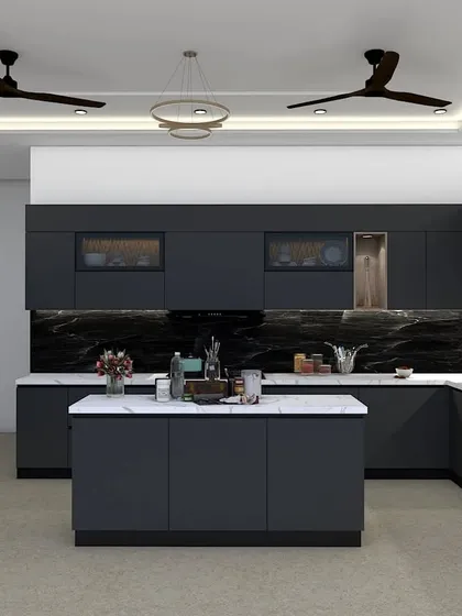 The central island in this kitchen isn't just for prep work; it's a social hub. With comfortable seating and a clean white marble top, it’s the perfect spot for casual meals or for guests to gather while you cook.