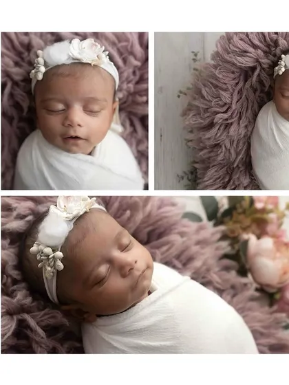 More beautiful angles from the lavender-themed newborn session, highlighting the baby's serene expression and the delicate floral details.