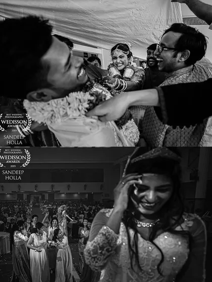 A collage of award-winning candid moments, from the playful fun of a ceremony to the quiet joy at a reception.