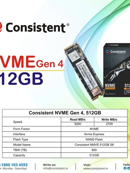 Step into the future with our 512GB NVMe Gen 4 SSD. It boasts incredible read speeds of 5000 MB/s and write speeds of 2700 MB/s, with an 800 TBW endurance rating for long-lasting performance.