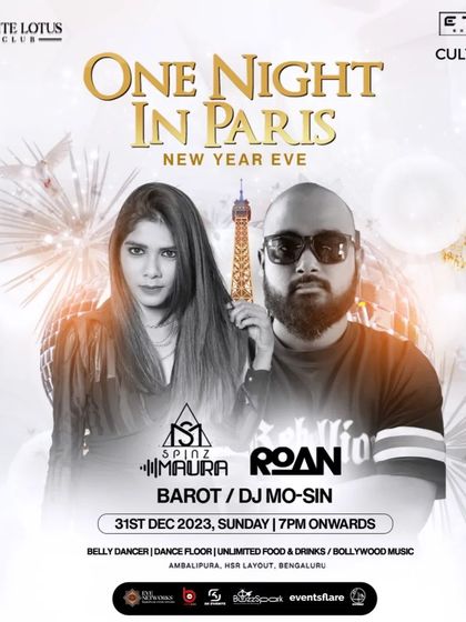 The main event poster for the "One Night in Paris" NYE party, featuring the full lineup of artists. It was a huge collaboration.
