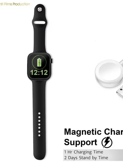 This is an infographic-style image for a smartwatch, clearly displaying the product and its key feature, magnetic charging. This format is highly effective for online marketplace listings.
