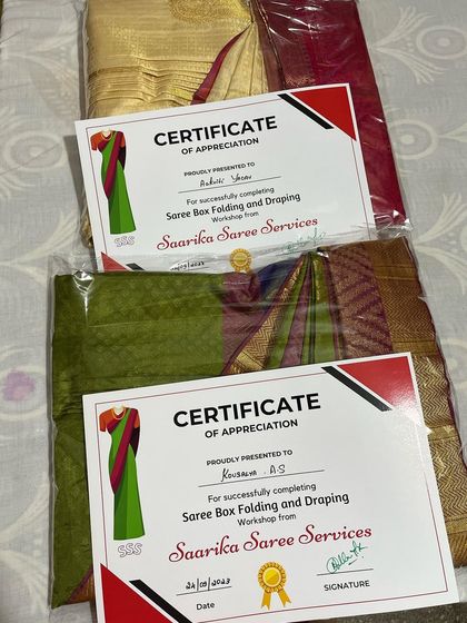 Two more students' sarees, a gold tissue and a green silk, completed in my offline workshop.