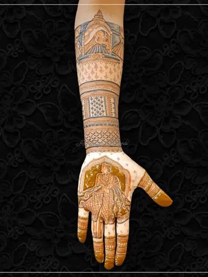 A stunning bridal design featuring a bride figure on the palm and a doli scene on the arm. The use of negative space makes the figures stand out beautifully.