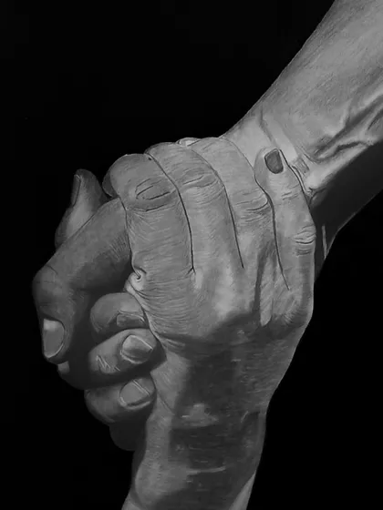 A close-up of "Helping Hand," focusing on the details of the skin texture, veins, and the pressure of the grip.