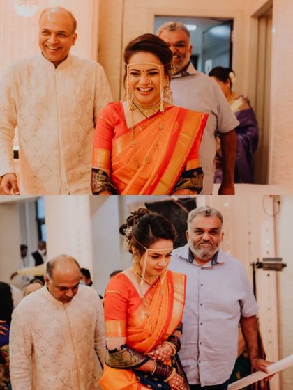 The bride's entrance with her family at her intimate Maharashtrian wedding.
