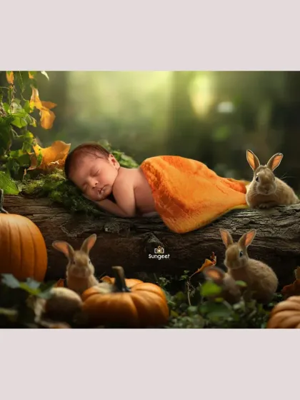 A whimsical autumn forest scene for this little one. Surrounded by friendly bunnies and pumpkins, this newborn sleeps soundly, showing how we use creative composites to bring imagination to life.
