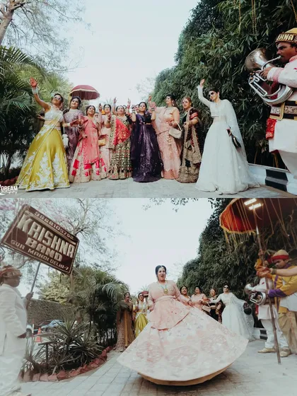 The baraat procession in full swing, with the wedding band and guests dancing with joy.
