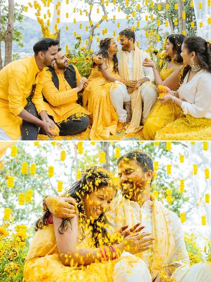 A collage of a fun-filled Haldi in the forest, showing the couple and their friends enjoying the messy, joyful rituals.