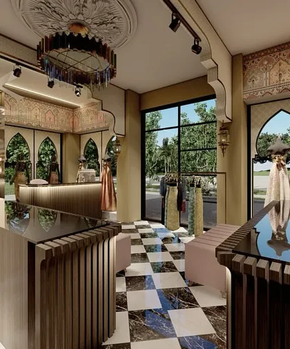 This 3D view from inside the boutique shows how different materials and lighting work together. It’s this level of detail in the planning phase that guarantees a successful final project.