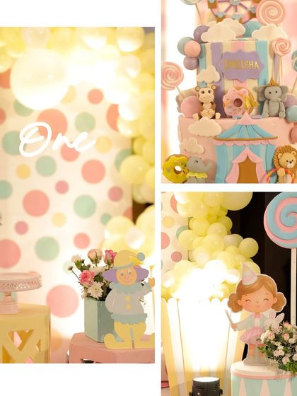 Details from the pastel candyland party, including a close-up of the cake, a clown prop, and a lollipop decoration.