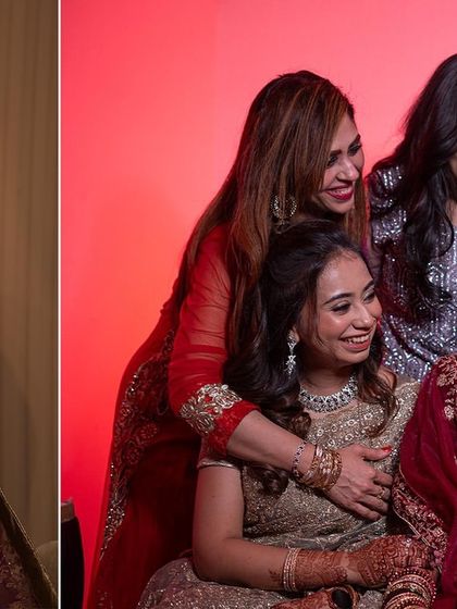 A collage showing the bride sharing joyful moments with her bridesmaids and friends. These photos are all about capturing the fun and supportive relationships.