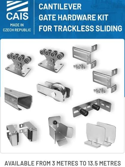 This is the complete cantilever gate hardware kit we use, made by CAIS in the Czech Republic. We offer kits for gate openings from 3 meters up to 13.5 meters, ensuring a solution for almost any entrance size.