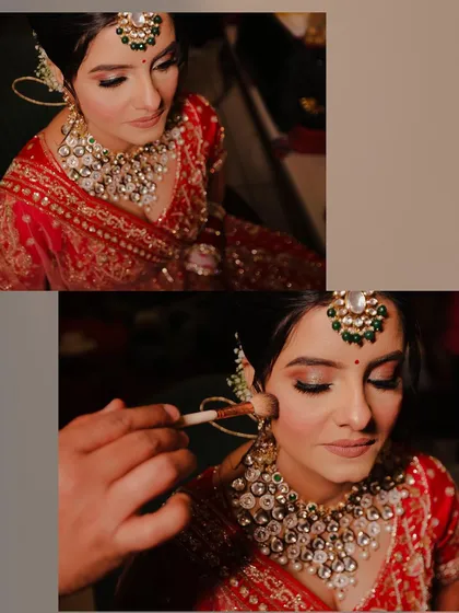 A behind-the-scenes shot of the bride getting her makeup touched up. This candid photo captures the final moments of her transformation, highlighting her calm and beautiful expression.