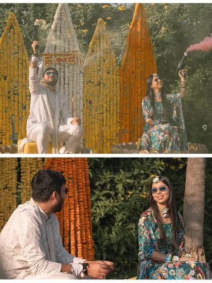 A collage from the Haldi ceremony, showing the couple with color smoke bombs and sharing a quiet moment amidst the vibrant floral decor.