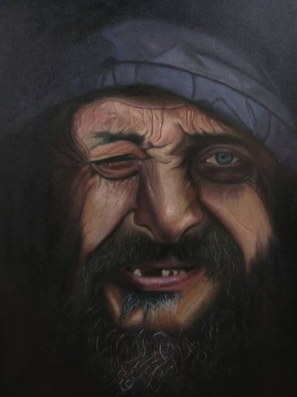 A close-up of the nearly finished piece. The texture of the skin, the beard, and the emotion in the eyes are all coming together through careful, patient brushwork.