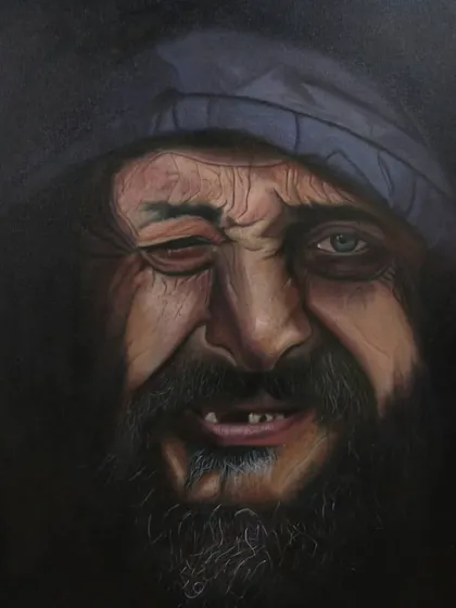A close-up of the nearly finished piece. The texture of the skin, the beard, and the emotion in the eyes are all coming together through careful, patient brushwork.