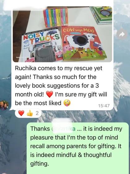 A quick message from a happy client who needed book suggestions for a 3-month-old. It is my pleasure to be the person parents think of for thoughtful and mindful gifting.