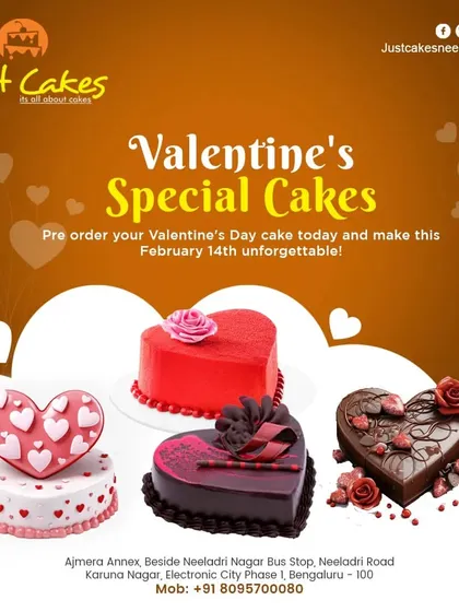 A preview of our Valentine's Day special cake designs. We offer a variety of heart shapes and flavors, including rich chocolate and classic red velvet, available for pre-order.