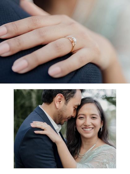 A collage focusing on the details, from the engagement ring to the tender embrace, telling the story of their promise.