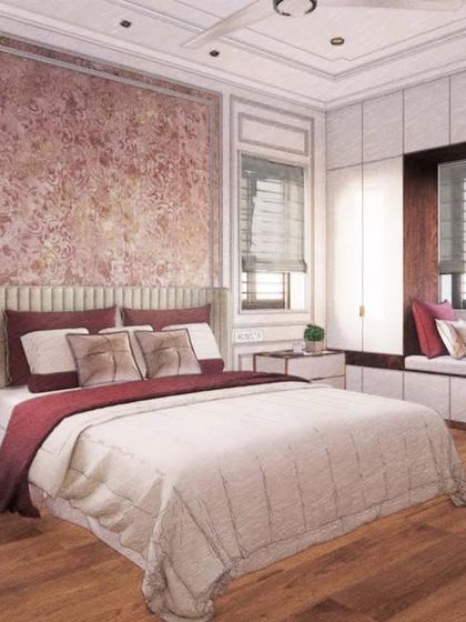 A 3D illustration of a bedroom with regal and soft tones, featuring a bay window seat and classic wall paneling for a touch of opulence.