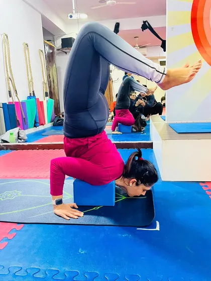 This student demonstrates a strong forearm stand with her chest resting on a block. This technique helps to build the foundational strength needed for more advanced inversions.