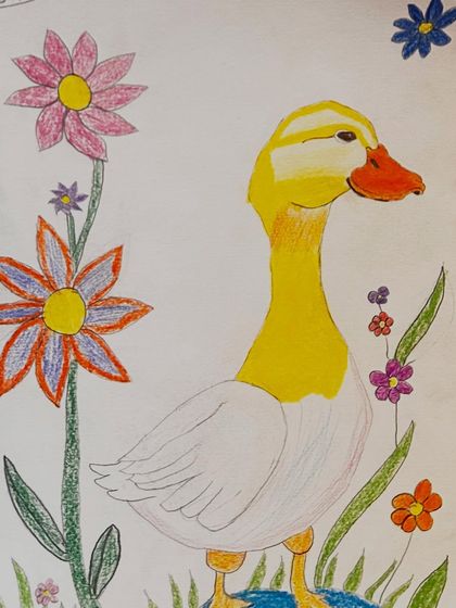 Another student's interpretation of the duck theme, this time with a focus on detailed flowers and clean lines.