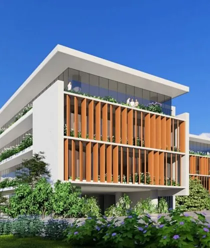 Here, I experimented with the massing of a residential building to create a dynamic facade. The interplay of solid walls, wooden louvers, and recessed green terraces adds visual interest and provides residents with private outdoor spaces.