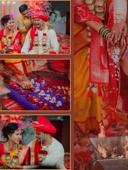 A collage showcasing the sacred rituals of a Maharashtrian wedding. It includes the Saptapadi, where the bride touches betel nuts with her foot, and the Homa fire ceremony, capturing the deep traditional significance of the day.