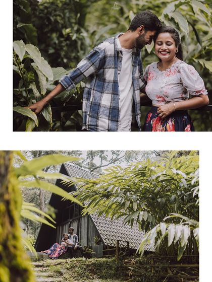 A collage from a pre-wedding shoot in a lush, green location, showing the couple's natural and easygoing chemistry.